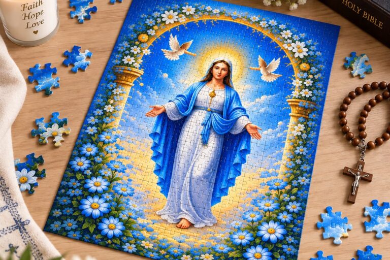 Our Lady of the Miraculous Medal jigsaw puzzle on a table beside a candle and rosary beads